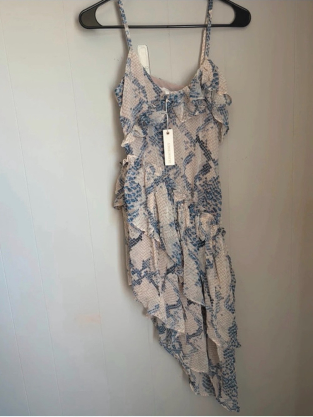 Olivaceous Blue and Cream Snake-Print Asymmetrical Ruffle Slip Dress